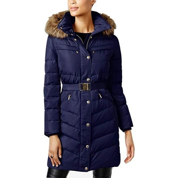 Michael Kors Faux Fur Trim Belted Down Puffer Coat